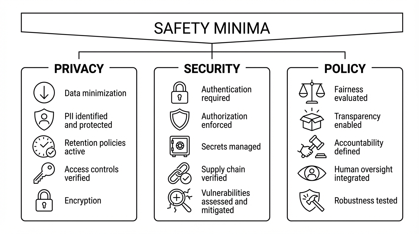Safety Minima are binary constraints across Privacy, Security, and Policy that must be met before any other metric matters.